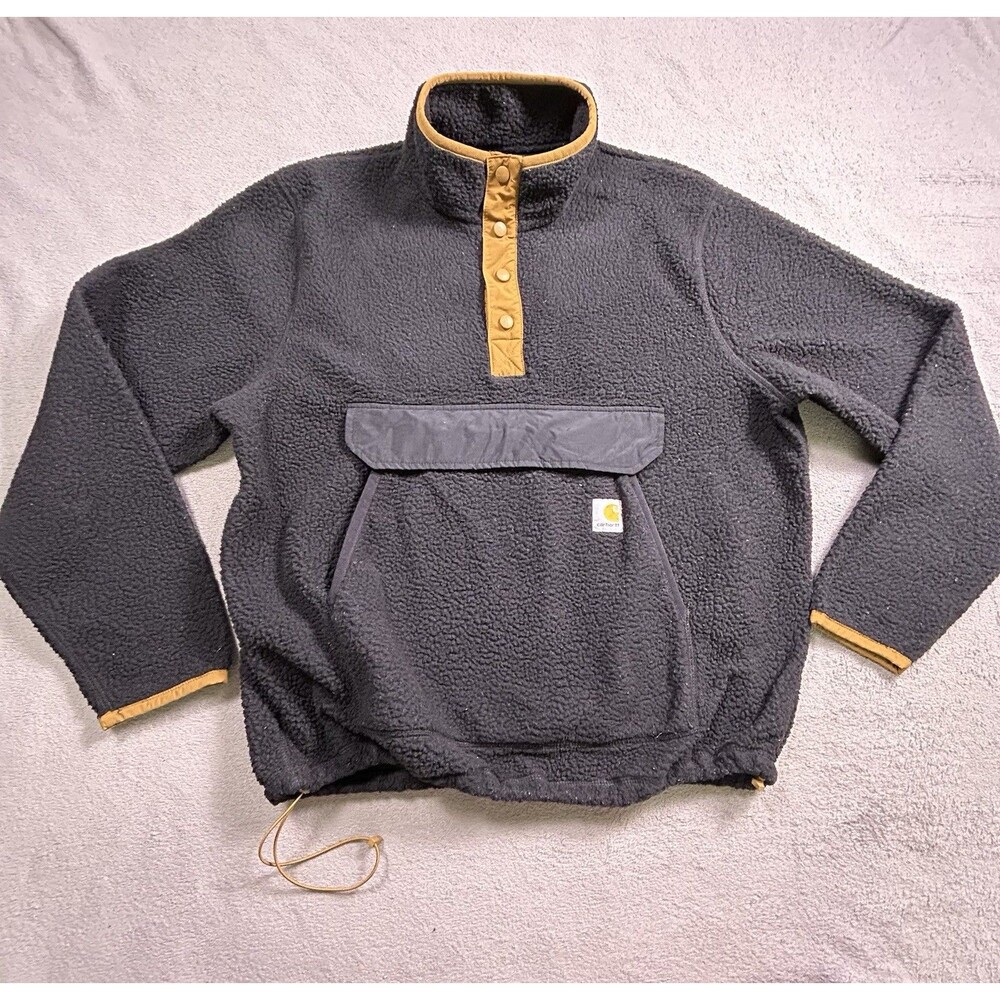 Carhartt Fleece Snap Front Jacket Men L Black Relaxed Fit Sherpa Pullover OJ4991